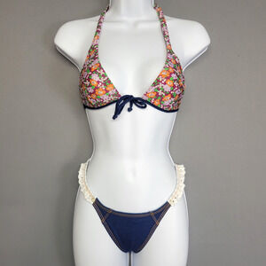 Agua Doce Brazilian Cheeky Bikini Swimsuit Womens M Triangle Top Floral Denim